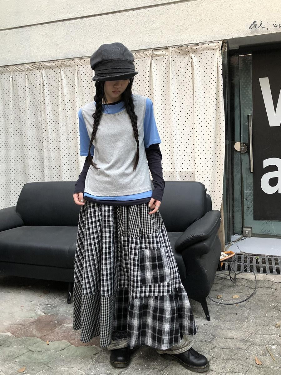 ang project Blue Plaid Colorblock Layered 3 Piece Women&