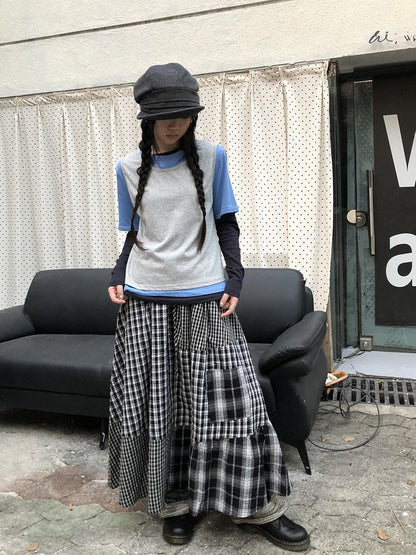 ang project Blue Plaid Colorblock Layered 3 Piece Women&