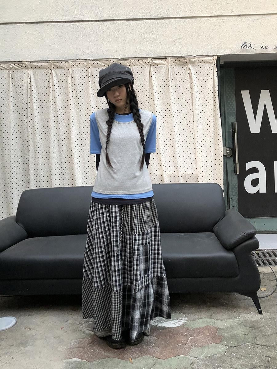 ang project Blue Plaid Colorblock Layered 3 Piece Women&