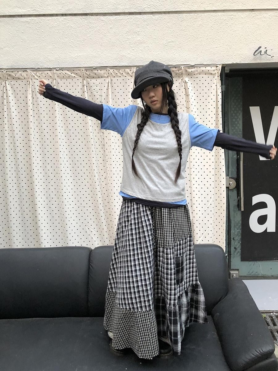 ang project Blue Plaid Colorblock Layered 3 Piece Women&