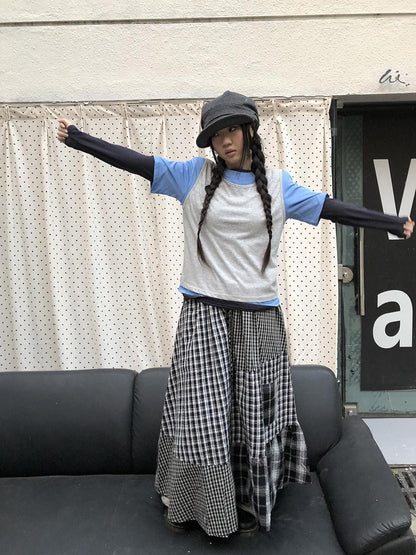 ang project Blue Plaid Colorblock Layered 3 Piece Women&