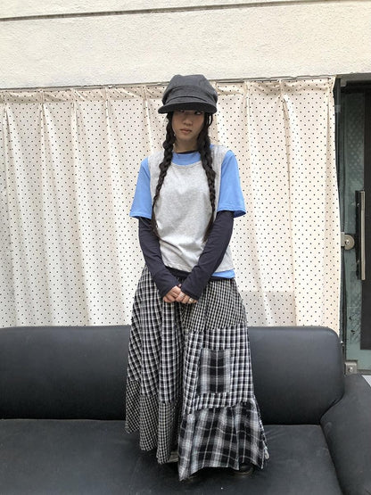 ang project Blue Plaid Colorblock Layered 3 Piece Women&