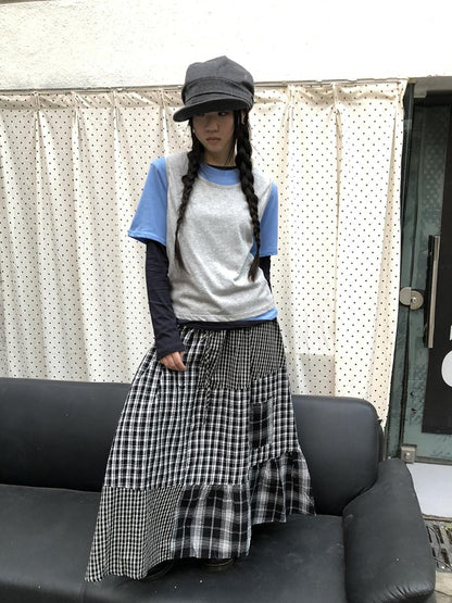 ang project Blue Plaid Colorblock Layered 3 Piece Women&