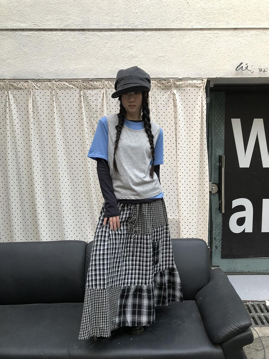 ang project Blue Plaid Colorblock Layered 3 Piece Women&