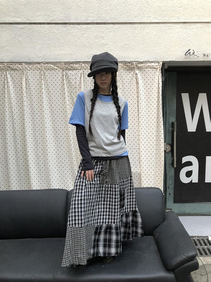 ang project Blue Plaid Colorblock Layered 3 Piece Women&