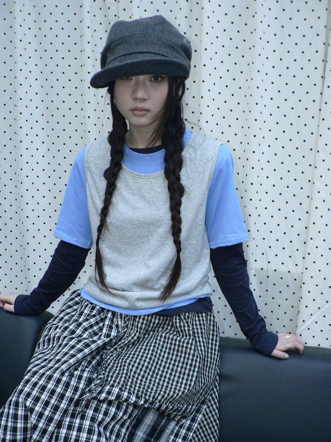 ang project Blue Plaid Colorblock Layered 3 Piece Women&