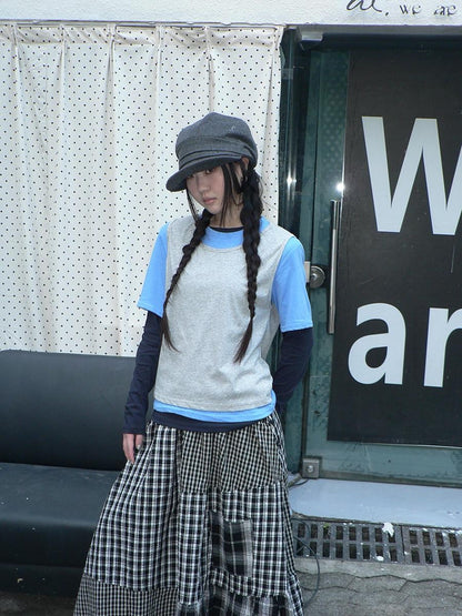 ang project Blue Plaid Colorblock Layered 3 Piece Women&