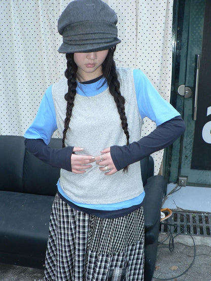 ang project Blue Plaid Colorblock Layered 3 Piece Women&