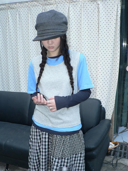 ang project Blue Plaid Colorblock Layered 3 Piece Women&