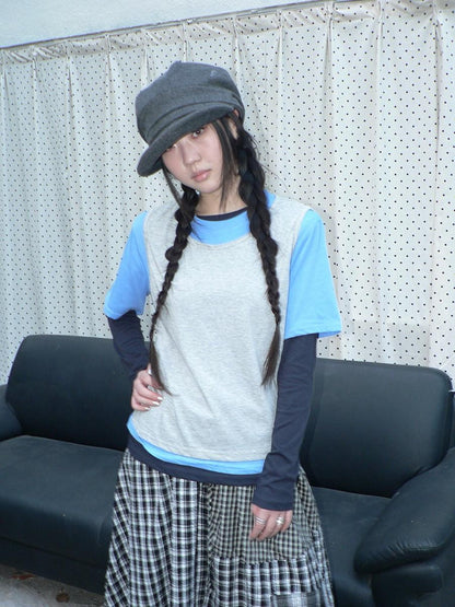 ang project Blue Plaid Colorblock Layered 3 Piece Women&