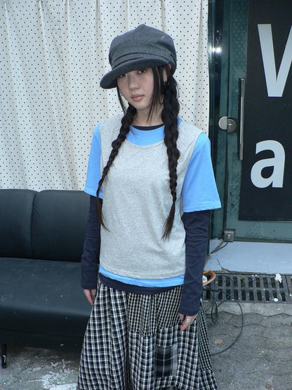 ang project Blue Plaid Colorblock Layered 3 Piece Women&