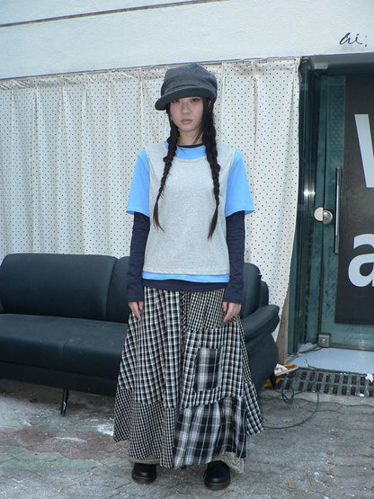 ang project Blue Plaid Colorblock Layered 3 Piece Women&