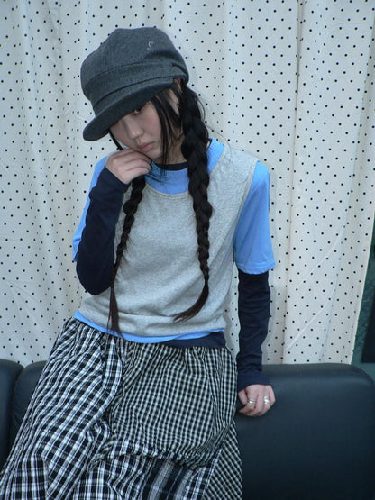 ang project Blue Plaid Colorblock Layered 3 Piece Women&