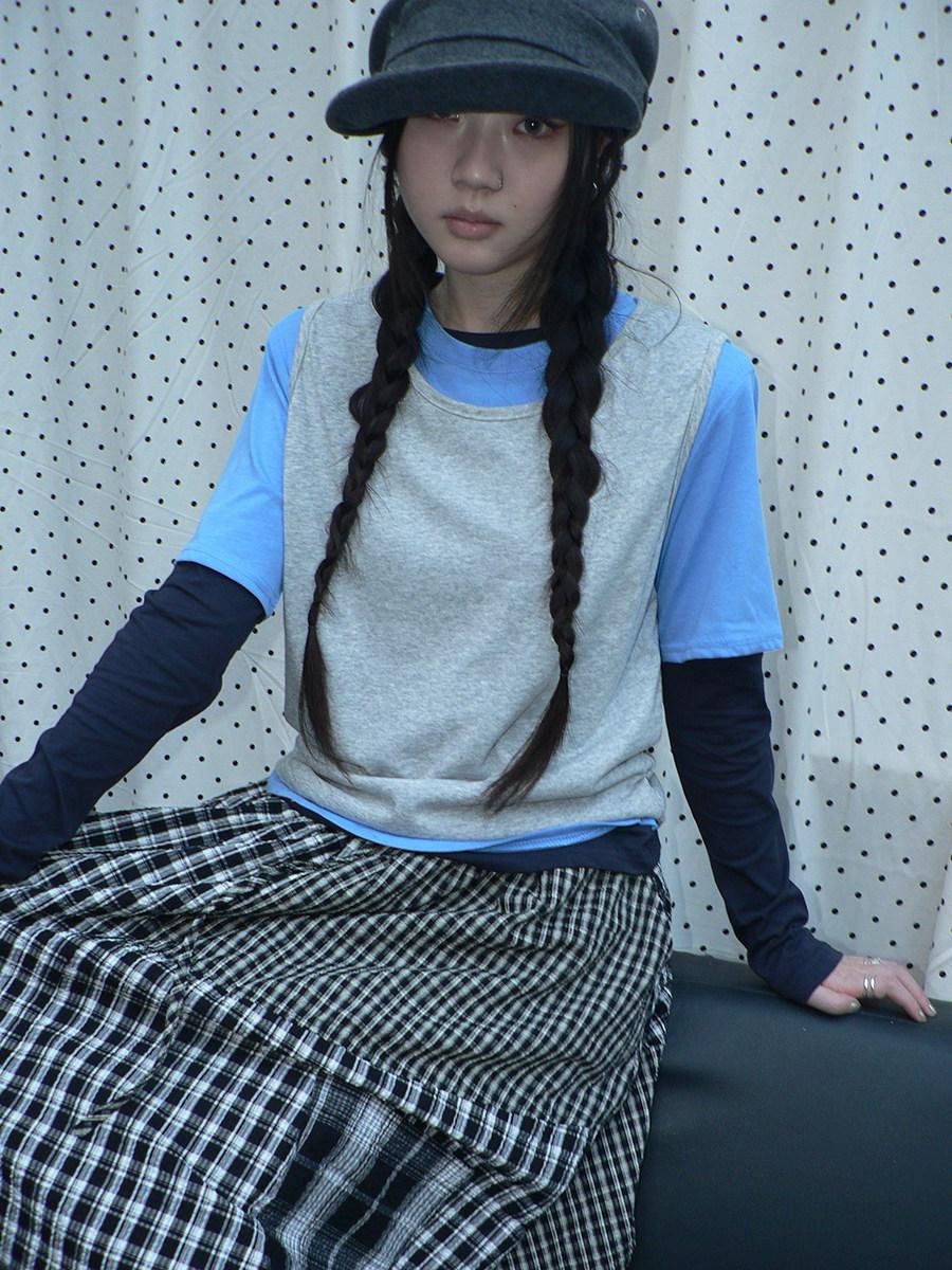 ang project Blue Plaid Colorblock Layered 3 Piece Women&