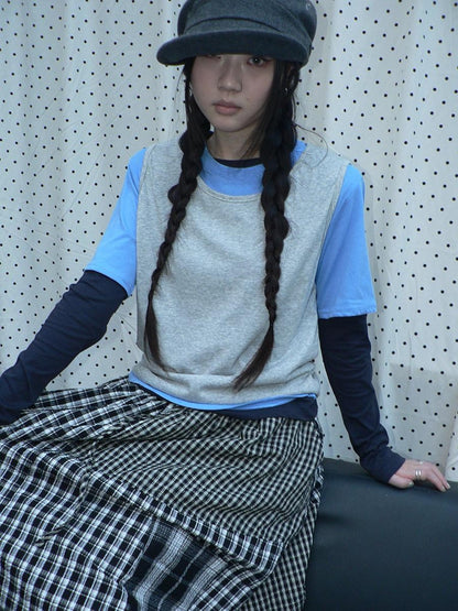 ang project Blue Plaid Colorblock Layered 3 Piece Women&