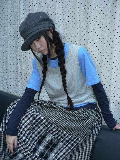 ang project Blue Plaid Colorblock Layered 3 Piece Women&
