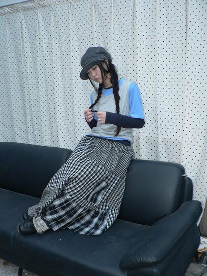 ang project Blue Plaid Colorblock Layered 3 Piece Women&