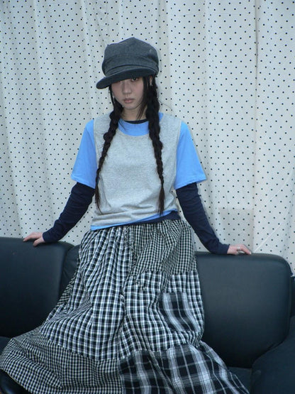 ang project Blue Plaid Colorblock Layered 3 Piece Women&