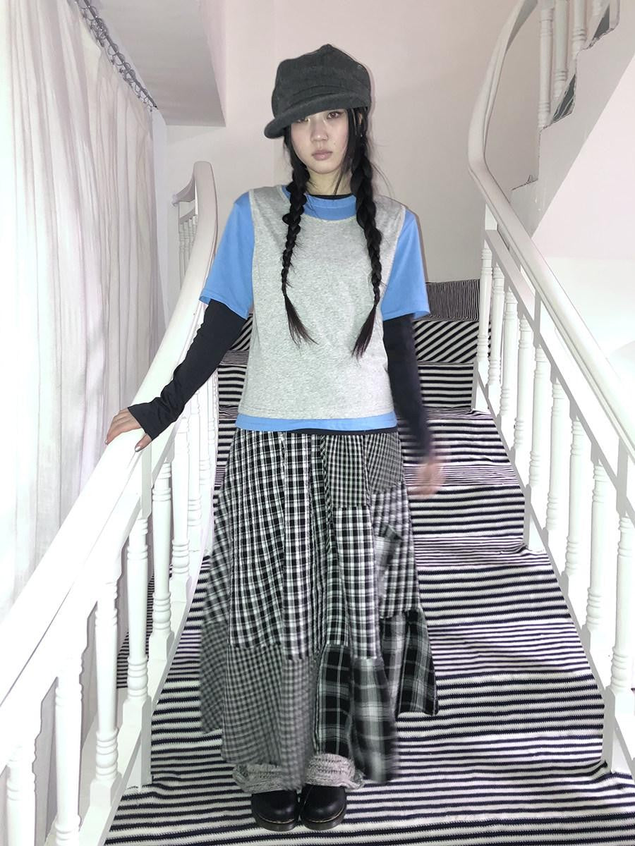 ang project Blue Plaid Colorblock Layered 3 Piece Women&