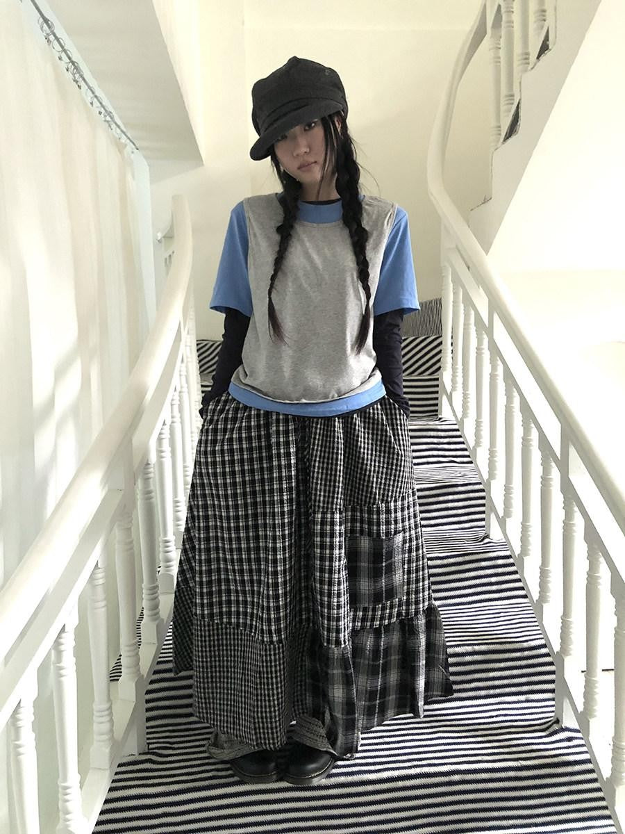 ang project Blue Plaid Colorblock Layered 3 Piece Women&