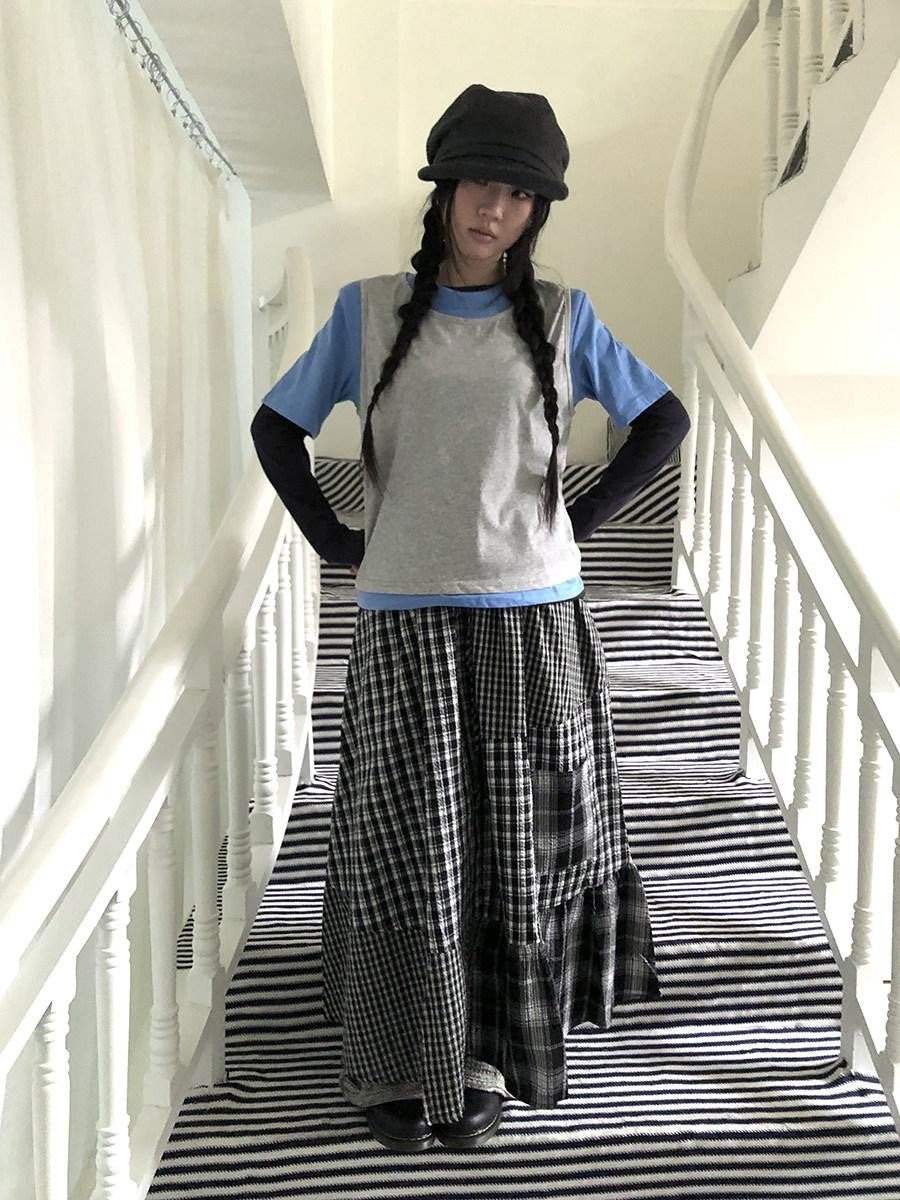 ang project Blue Plaid Colorblock Layered 3 Piece Women&