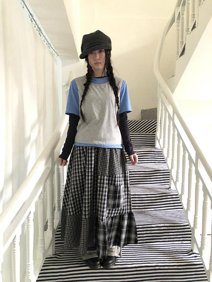 ang project Blue Plaid Colorblock Layered 3 Piece Women&