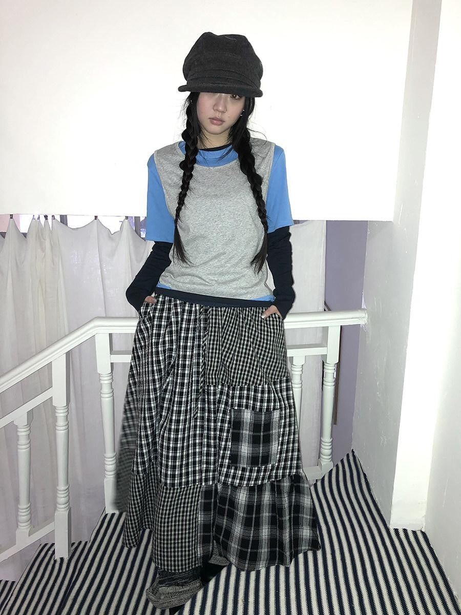 ang project Blue Plaid Colorblock Layered 3 Piece Women&