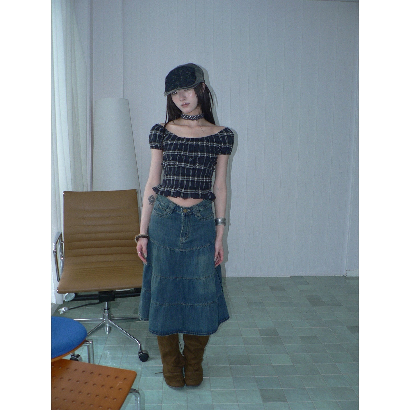 ang_project_Blue_Plaid_Off_Shoulder_Waist_Cinched_Puff_Sleeve_Printed_Women&
