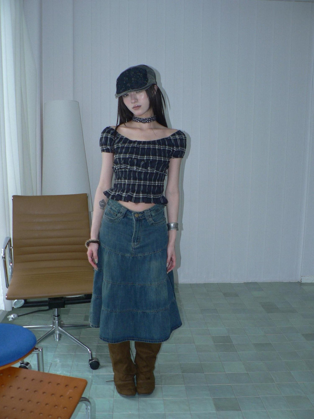 ang project Blue Plaid Off Shoulder Waist Cinched Puff Sleeve Printed Women&