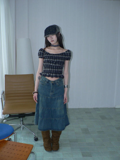 ang project Blue Plaid Off Shoulder Waist Cinched Puff Sleeve Printed Women&