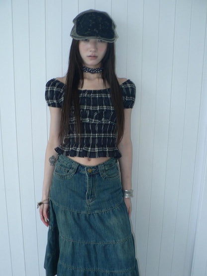 ang project Blue Plaid Off Shoulder Waist Cinched Puff Sleeve Printed Women&