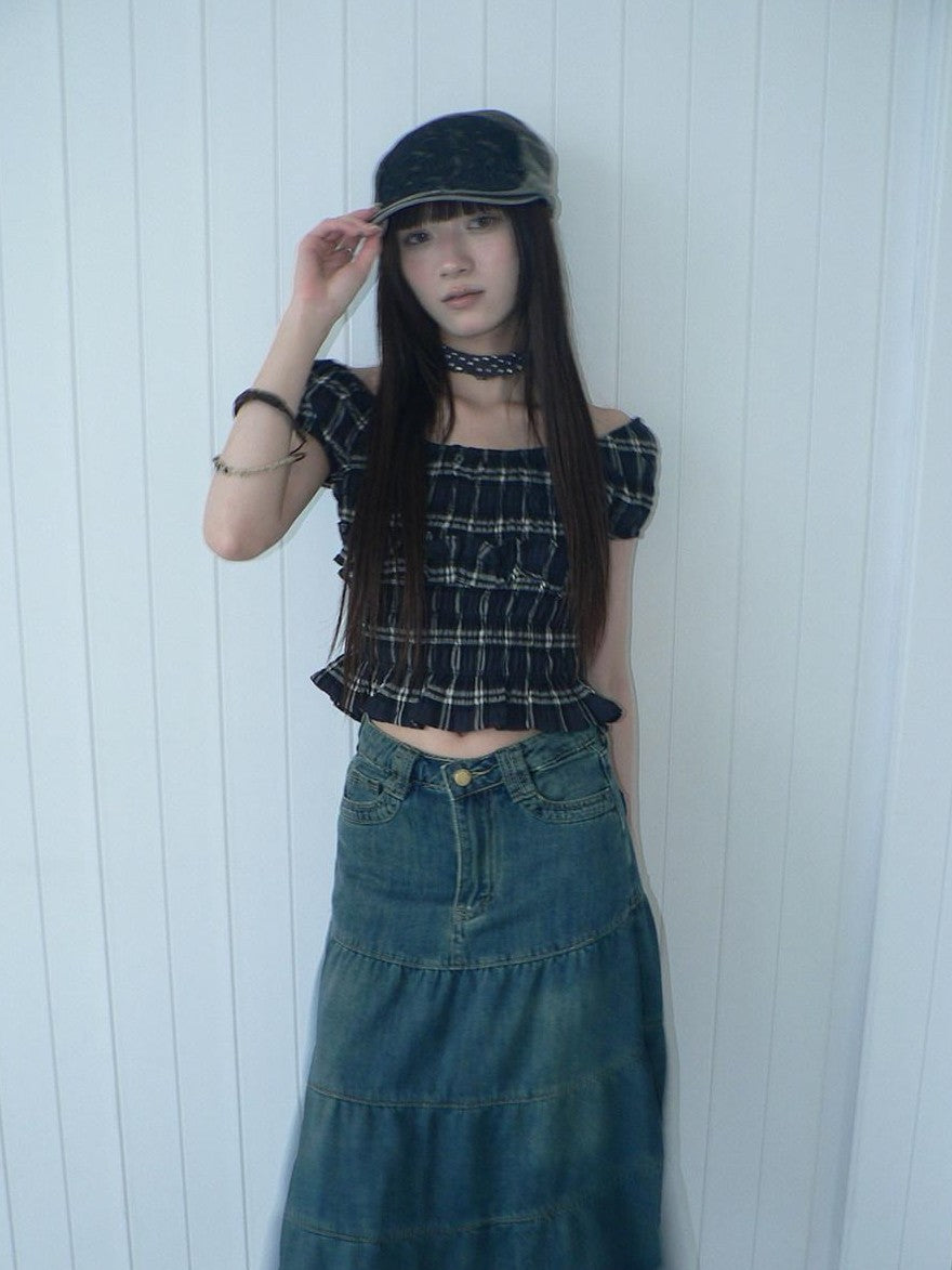 ang project Blue Plaid Off Shoulder Waist Cinched Puff Sleeve Printed Women&