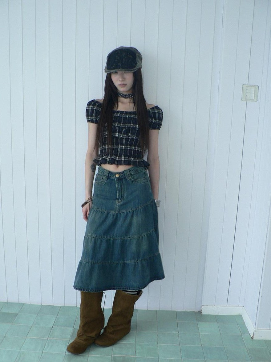ang project Blue Plaid Off Shoulder Waist Cinched Puff Sleeve Printed Women&