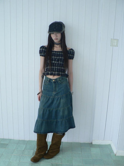 ang project Blue Plaid Off Shoulder Waist Cinched Puff Sleeve Printed Women&