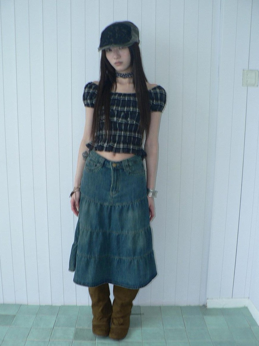 ang project Blue Plaid Off Shoulder Waist Cinched Puff Sleeve Printed Women&