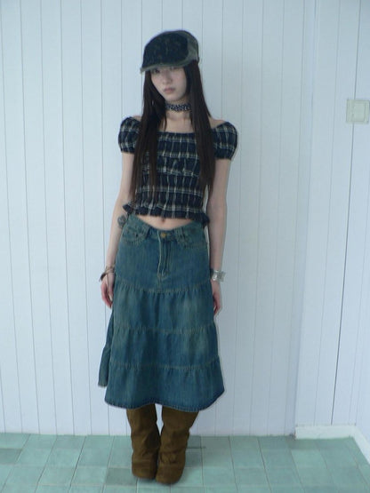 ang project Blue Plaid Off Shoulder Waist Cinched Puff Sleeve Printed Women&