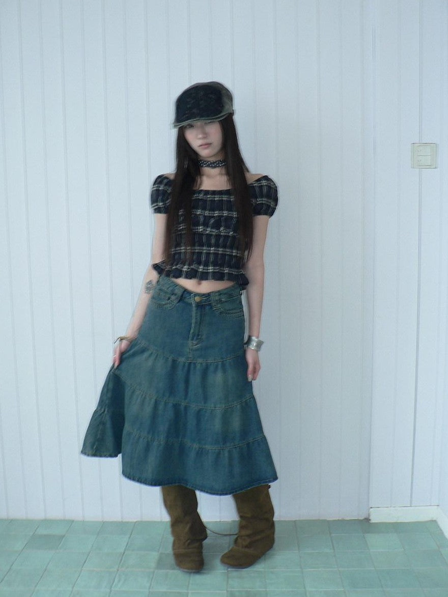 ang project Blue Plaid Off Shoulder Waist Cinched Puff Sleeve Printed Women&
