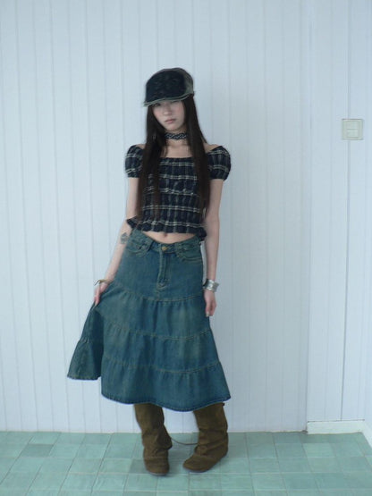 ang project Blue Plaid Off Shoulder Waist Cinched Puff Sleeve Printed Women&