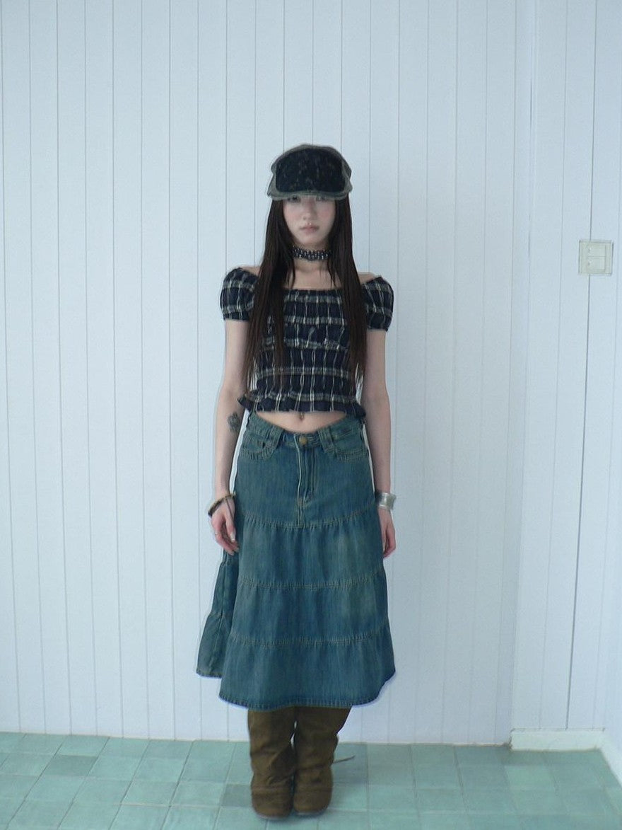 ang project Blue Plaid Off Shoulder Waist Cinched Puff Sleeve Printed Women&