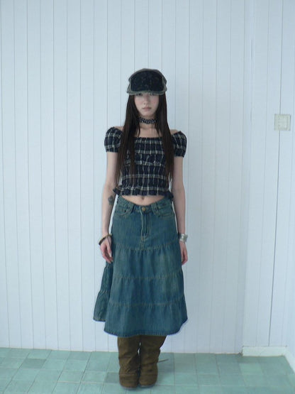 ang project Blue Plaid Off Shoulder Waist Cinched Puff Sleeve Printed Women&