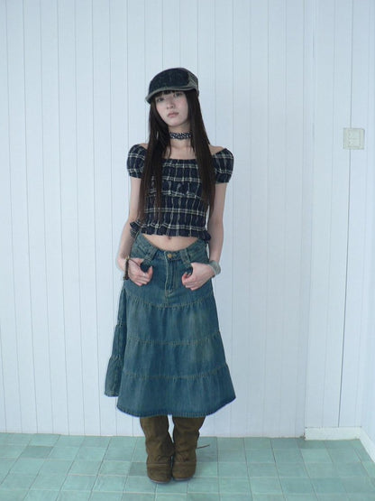 ang project Blue Plaid Off Shoulder Waist Cinched Puff Sleeve Printed Women&