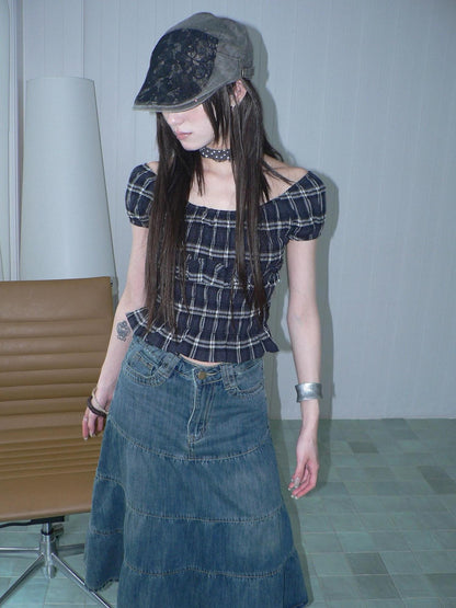 ang project Blue Plaid Off Shoulder Waist Cinched Puff Sleeve Printed Women&