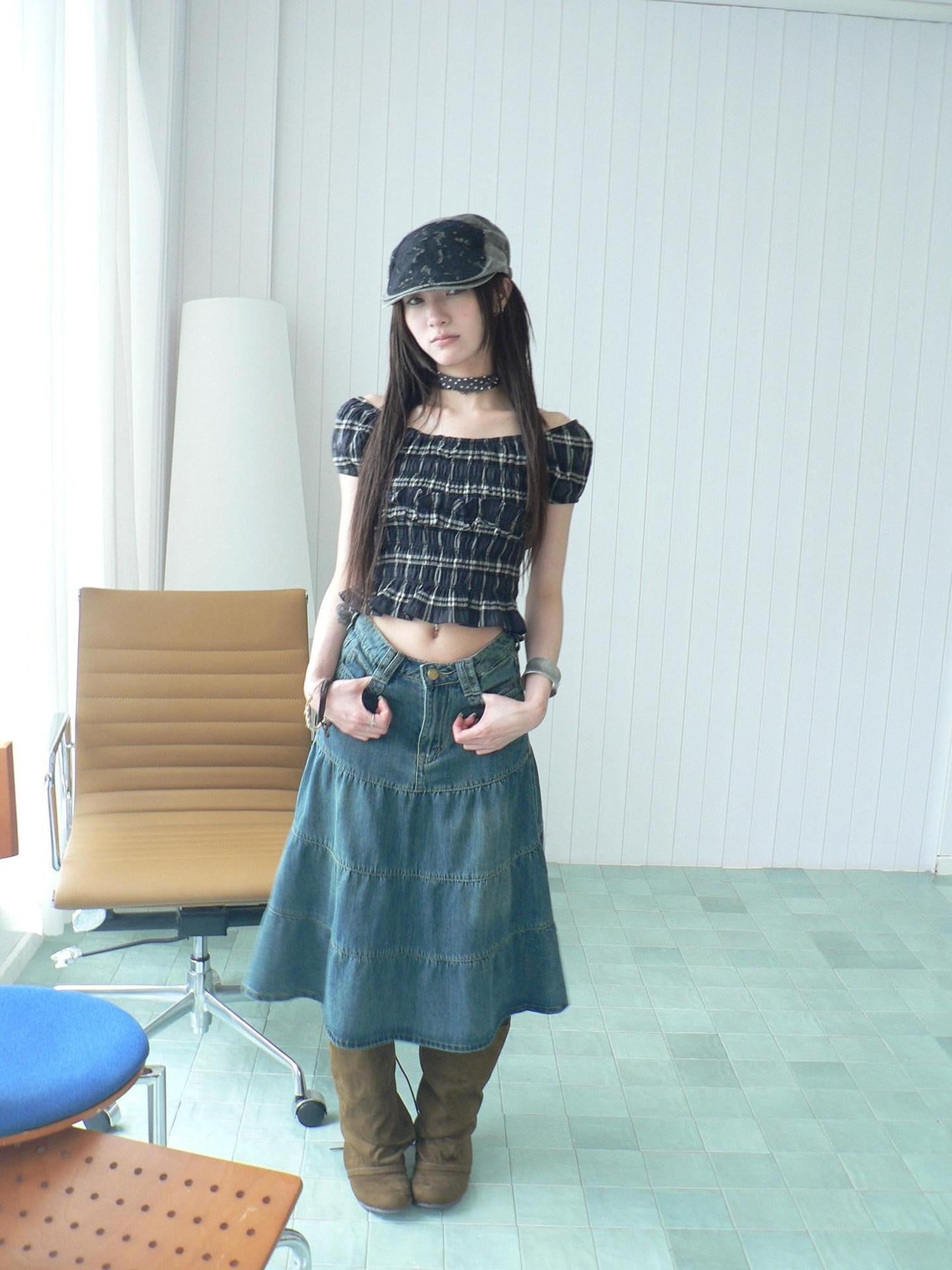 ang project Blue Plaid Off Shoulder Waist Cinched Puff Sleeve Printed Women&