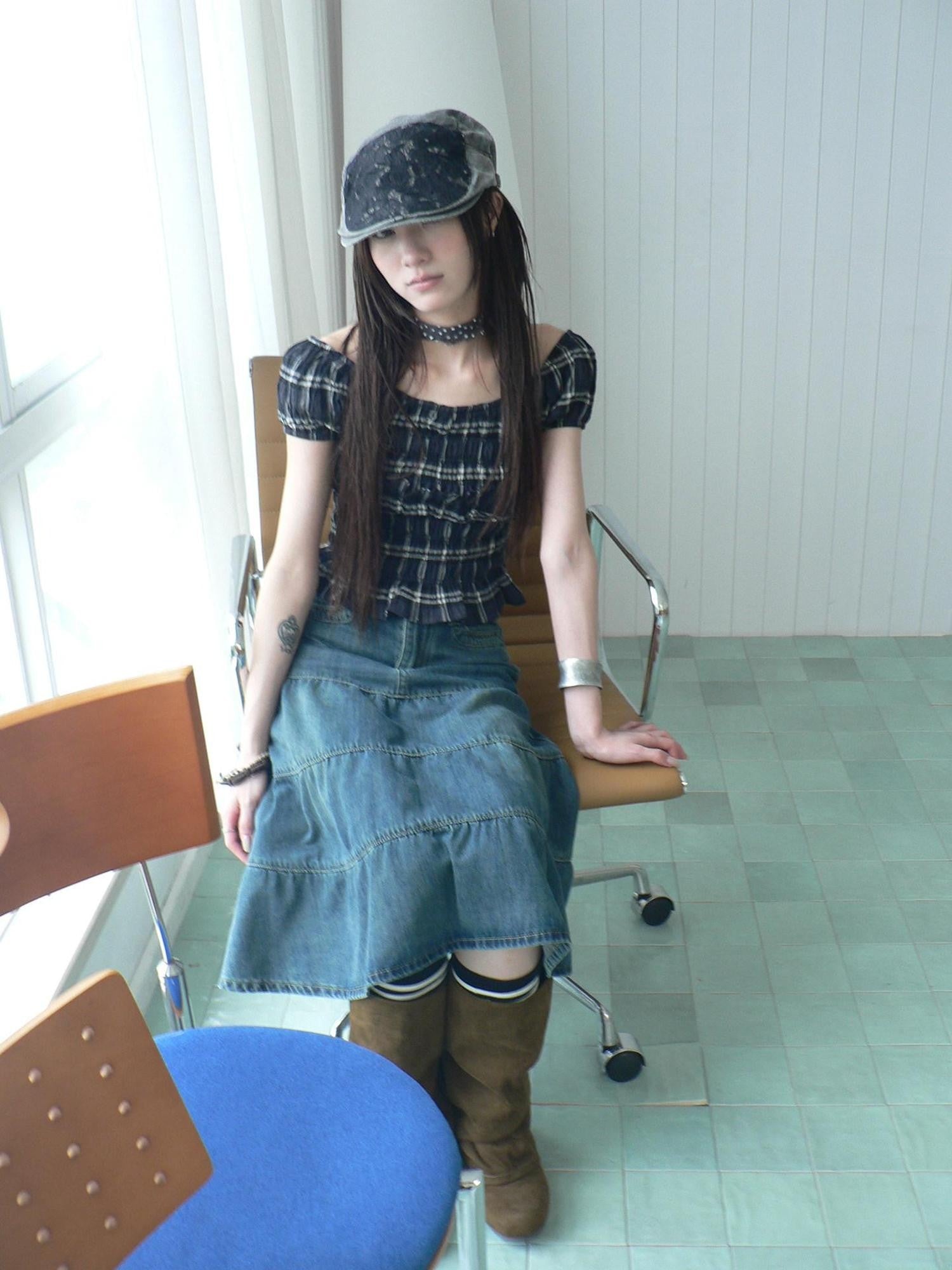 ang project Blue Plaid Off Shoulder Waist Cinched Puff Sleeve Printed Women&