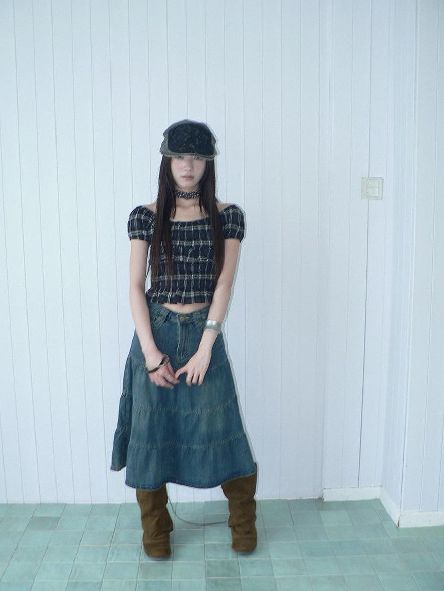 ang project Blue Plaid Off Shoulder Waist Cinched Puff Sleeve Printed Women&