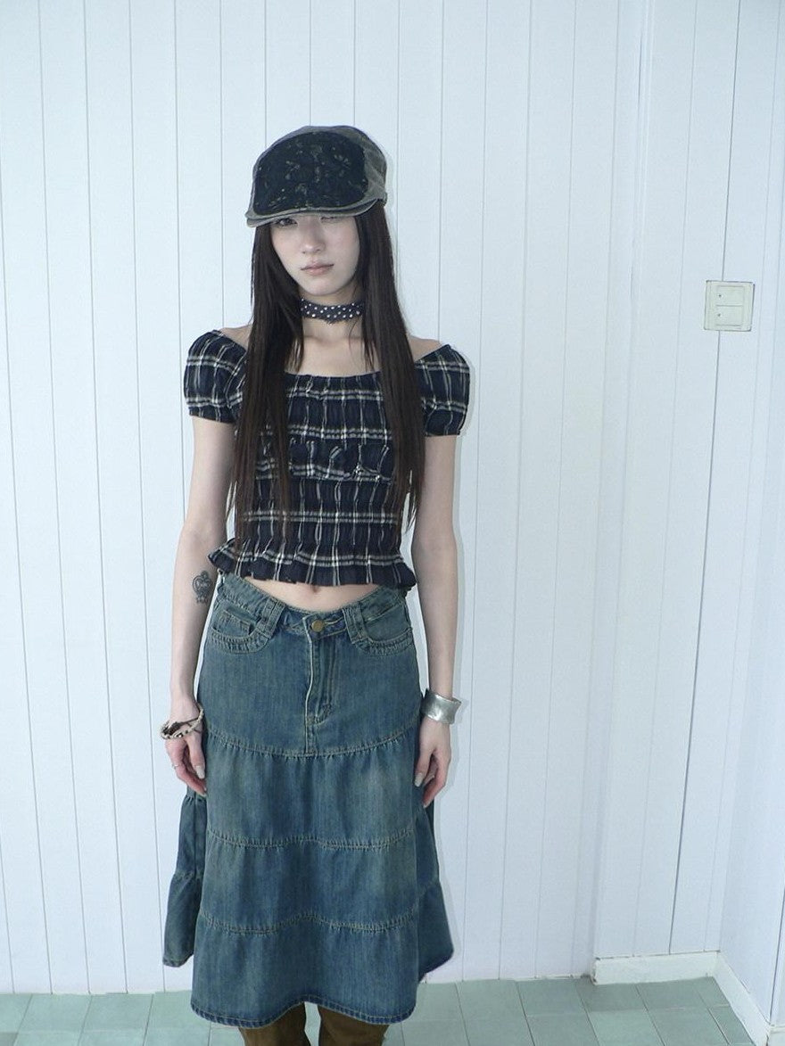 ang project Blue Plaid Off Shoulder Waist Cinched Puff Sleeve Printed Women&