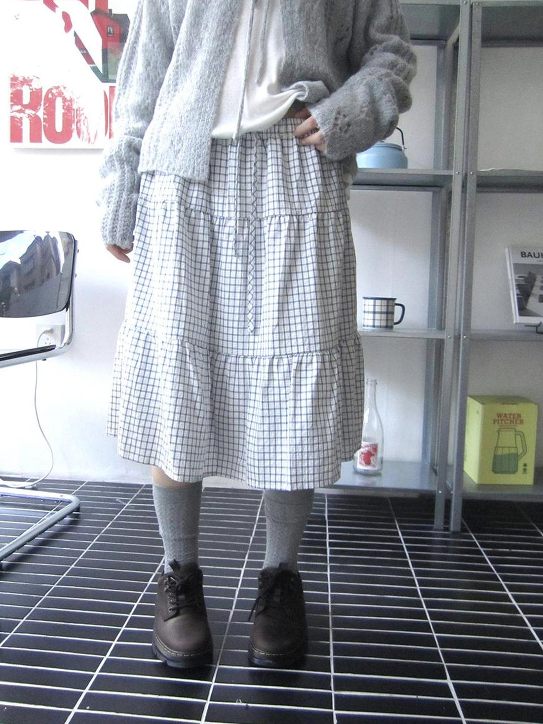 ang project Blue White Plaid Tie Waist A Line Skirt Skirt