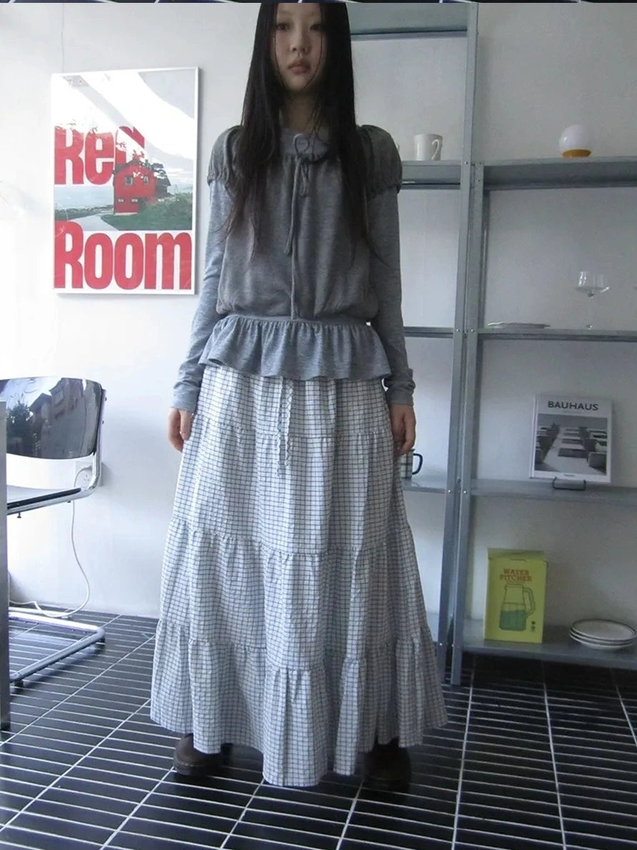 ang project Blue White Plaid Tie Waist A Line Skirt Skirt