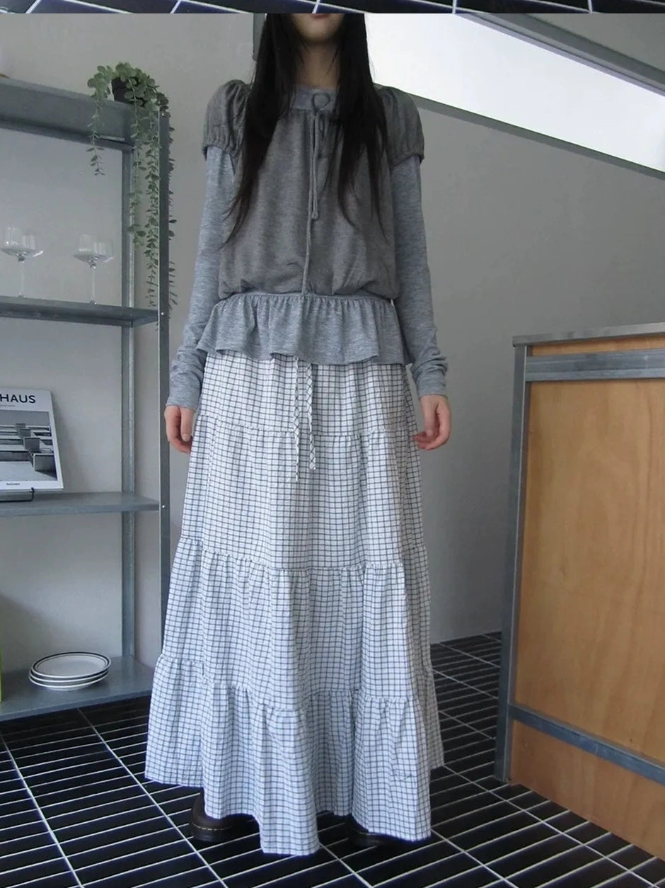 ang project Blue White Plaid Tie Waist A Line Skirt Skirt