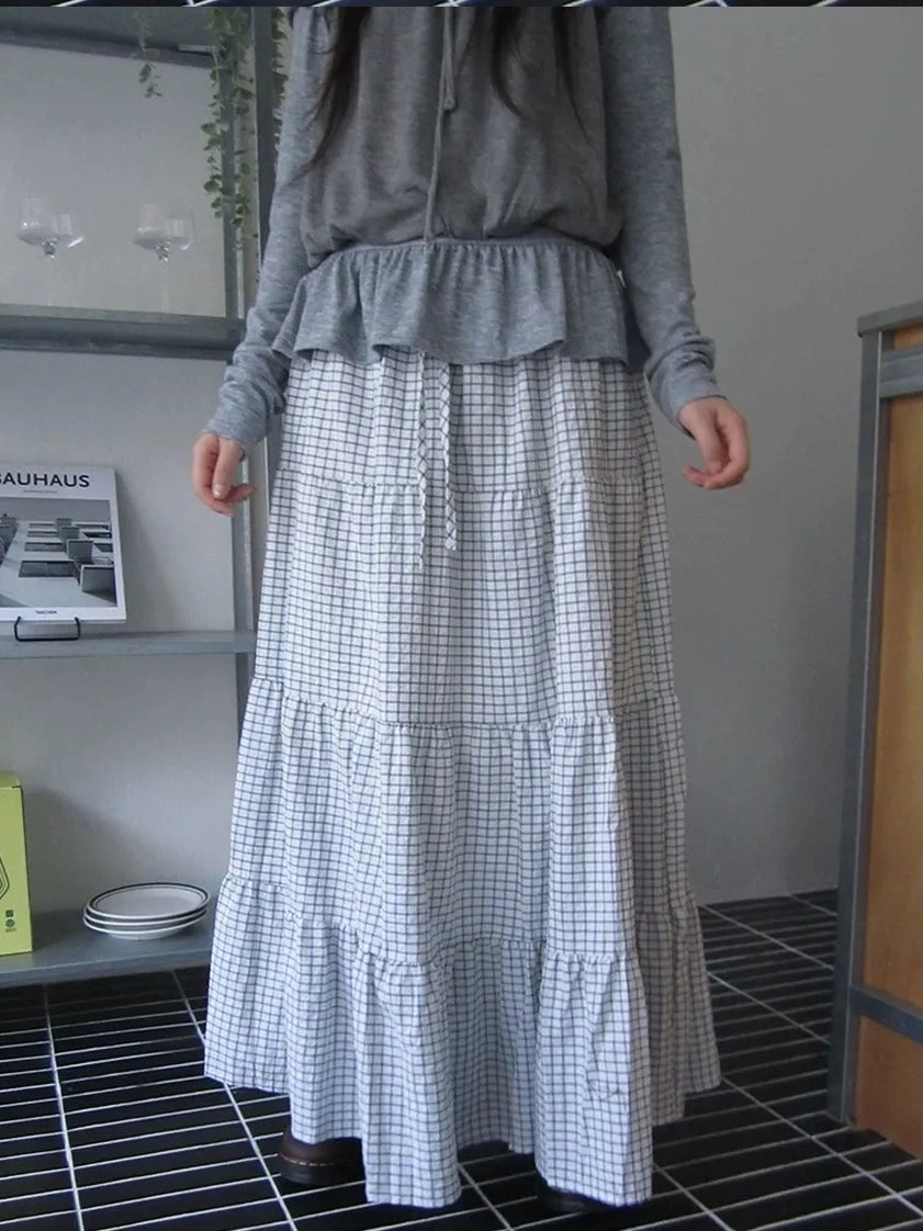 ang project Blue White Plaid Tie Waist A Line Skirt Skirt